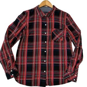 TOMMY HILFIGER sz Medium Button Down Shirt Blouse Plaid Chest Pocket Red Black +